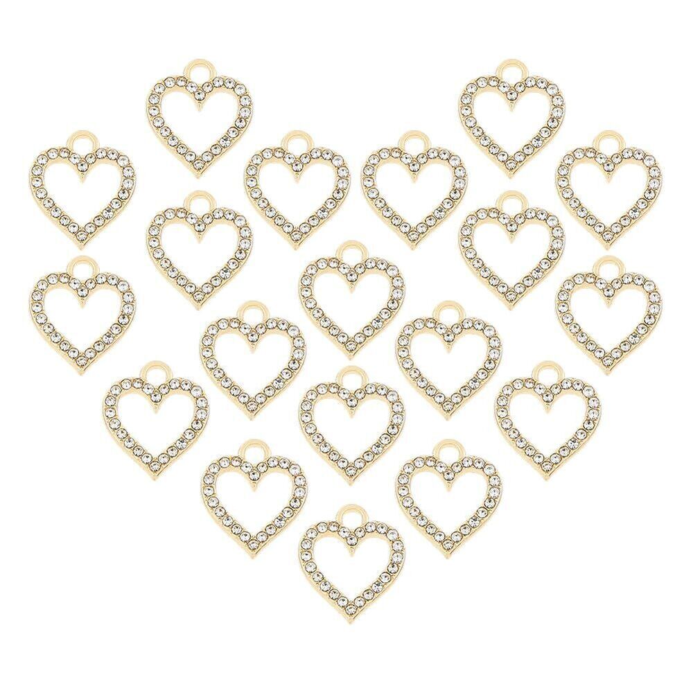 2825 60Pcs Rhinestone Heart Charm Gold Love Charm Alloy Shiny Love Dangle